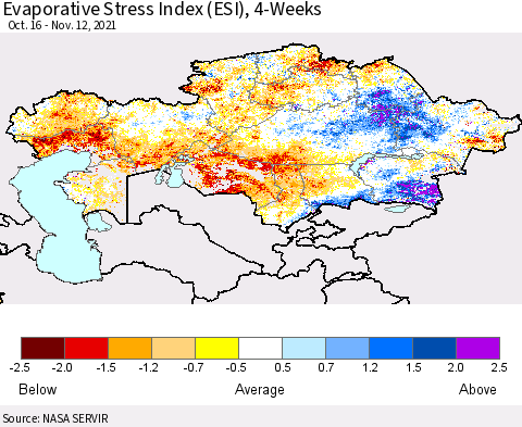 Kazakhstan Evaporative Stress Index (ESI), 4-Weeks Thematic Map For 11/8/2021 - 11/14/2021