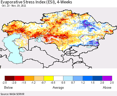 Kazakhstan Evaporative Stress Index (ESI), 4-Weeks Thematic Map For 11/15/2021 - 11/21/2021