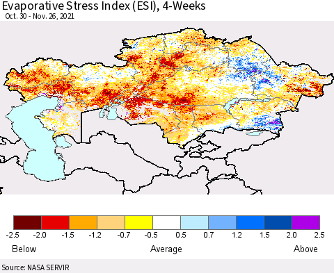 Kazakhstan Evaporative Stress Index (ESI), 4-Weeks Thematic Map For 11/22/2021 - 11/28/2021