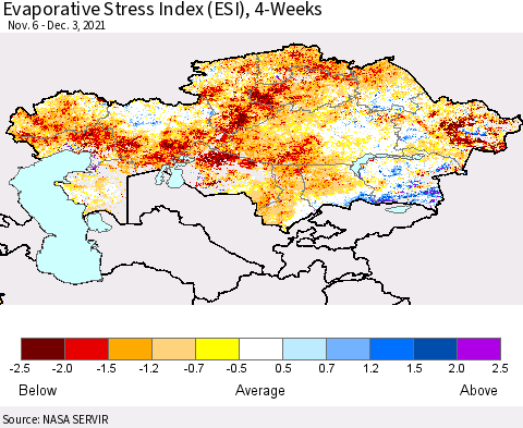 Kazakhstan Evaporative Stress Index (ESI), 4-Weeks Thematic Map For 11/29/2021 - 12/5/2021