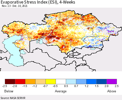 Kazakhstan Evaporative Stress Index (ESI), 4-Weeks Thematic Map For 12/6/2021 - 12/12/2021