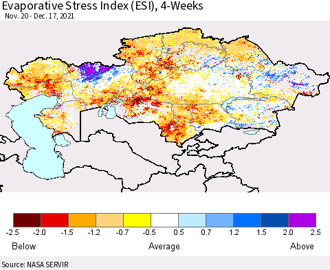 Kazakhstan Evaporative Stress Index (ESI), 4-Weeks Thematic Map For 12/13/2021 - 12/19/2021