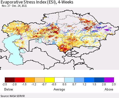 Kazakhstan Evaporative Stress Index (ESI), 4-Weeks Thematic Map For 12/20/2021 - 12/26/2021