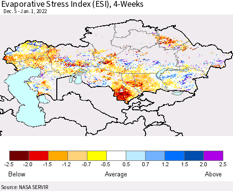 Kazakhstan Evaporative Stress Index (ESI), 4-Weeks Thematic Map For 12/27/2021 - 1/2/2022