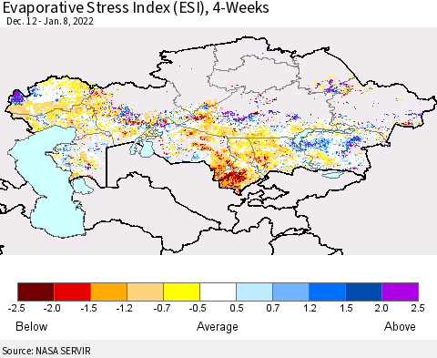 Kazakhstan Evaporative Stress Index (ESI), 4-Weeks Thematic Map For 1/3/2022 - 1/9/2022