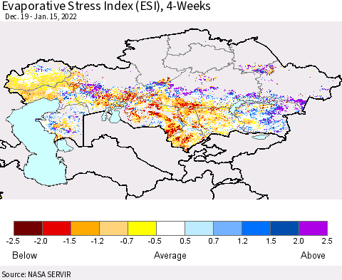 Kazakhstan Evaporative Stress Index (ESI), 4-Weeks Thematic Map For 1/10/2022 - 1/16/2022