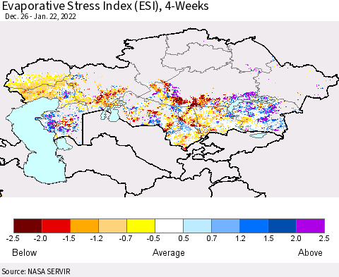Kazakhstan Evaporative Stress Index (ESI), 4-Weeks Thematic Map For 1/17/2022 - 1/23/2022