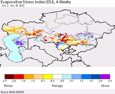 Kazakhstan Evaporative Stress Index (ESI), 4-Weeks Thematic Map For 1/24/2022 - 1/30/2022