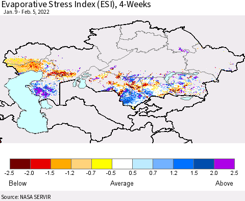 Kazakhstan Evaporative Stress Index (ESI), 4-Weeks Thematic Map For 1/31/2022 - 2/6/2022