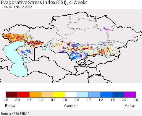 Kazakhstan Evaporative Stress Index (ESI), 4-Weeks Thematic Map For 2/7/2022 - 2/13/2022