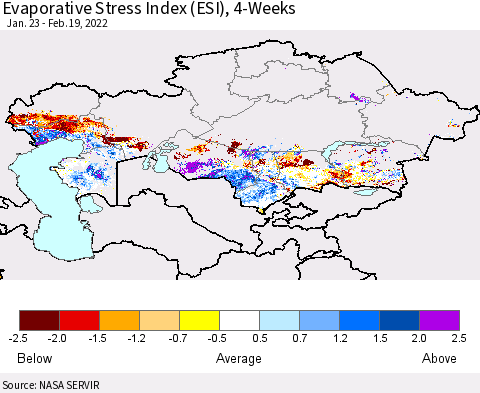 Kazakhstan Evaporative Stress Index (ESI), 4-Weeks Thematic Map For 2/14/2022 - 2/20/2022