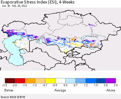 Kazakhstan Evaporative Stress Index (ESI), 4-Weeks Thematic Map For 2/21/2022 - 2/27/2022