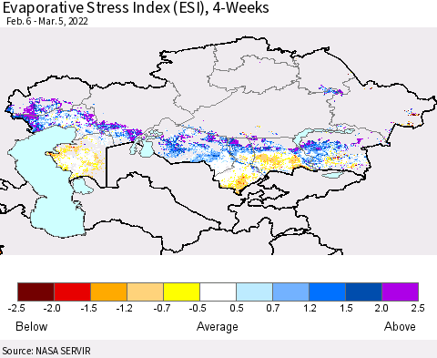 Kazakhstan Evaporative Stress Index (ESI), 4-Weeks Thematic Map For 2/28/2022 - 3/6/2022
