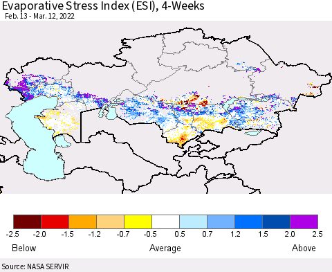 Kazakhstan Evaporative Stress Index (ESI), 4-Weeks Thematic Map For 3/7/2022 - 3/13/2022