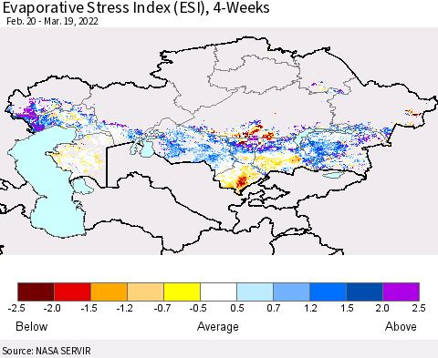 Kazakhstan Evaporative Stress Index (ESI), 4-Weeks Thematic Map For 3/14/2022 - 3/20/2022