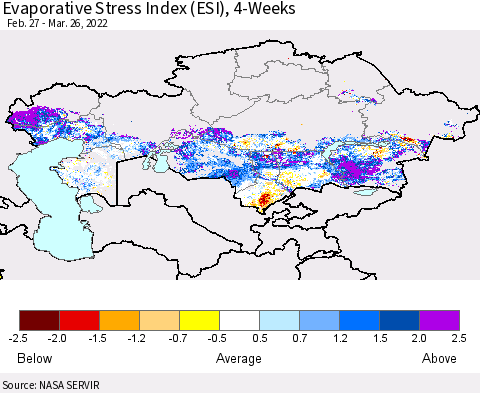 Kazakhstan Evaporative Stress Index (ESI), 4-Weeks Thematic Map For 3/21/2022 - 3/27/2022