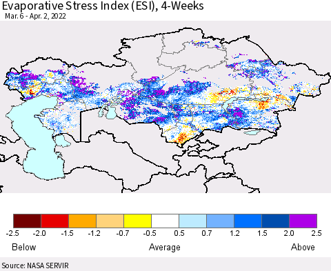 Kazakhstan Evaporative Stress Index (ESI), 4-Weeks Thematic Map For 3/28/2022 - 4/3/2022