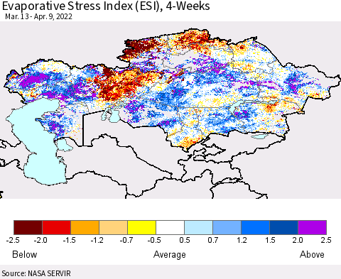 Kazakhstan Evaporative Stress Index (ESI), 4-Weeks Thematic Map For 4/4/2022 - 4/10/2022