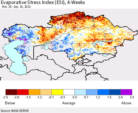 Kazakhstan Evaporative Stress Index (ESI), 4-Weeks Thematic Map For 4/11/2022 - 4/17/2022