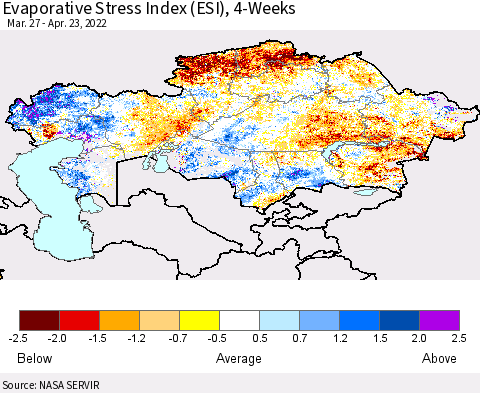 Kazakhstan Evaporative Stress Index (ESI), 4-Weeks Thematic Map For 4/18/2022 - 4/24/2022