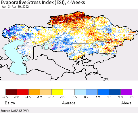 Kazakhstan Evaporative Stress Index (ESI), 4-Weeks Thematic Map For 4/25/2022 - 5/1/2022