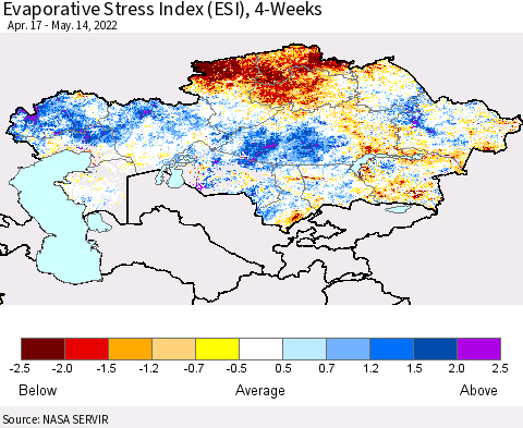 Kazakhstan Evaporative Stress Index (ESI), 4-Weeks Thematic Map For 5/9/2022 - 5/15/2022