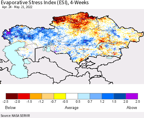 Kazakhstan Evaporative Stress Index (ESI), 4-Weeks Thematic Map For 5/16/2022 - 5/22/2022