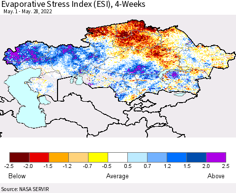 Kazakhstan Evaporative Stress Index (ESI), 4-Weeks Thematic Map For 5/23/2022 - 5/29/2022