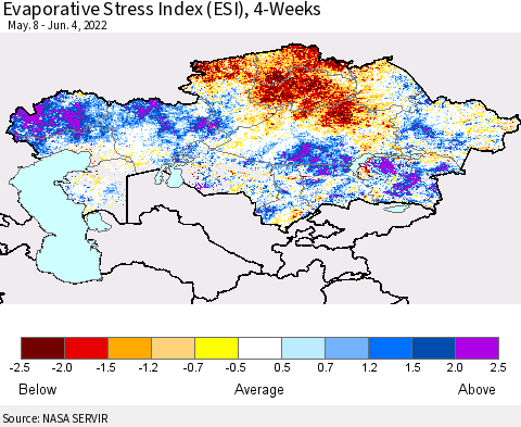 Kazakhstan Evaporative Stress Index (ESI), 4-Weeks Thematic Map For 5/30/2022 - 6/5/2022