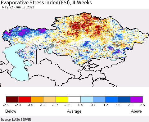 Kazakhstan Evaporative Stress Index (ESI), 4-Weeks Thematic Map For 6/13/2022 - 6/19/2022