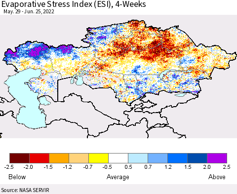 Kazakhstan Evaporative Stress Index (ESI), 4-Weeks Thematic Map For 6/20/2022 - 6/26/2022
