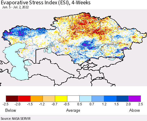 Kazakhstan Evaporative Stress Index (ESI), 4-Weeks Thematic Map For 6/27/2022 - 7/3/2022