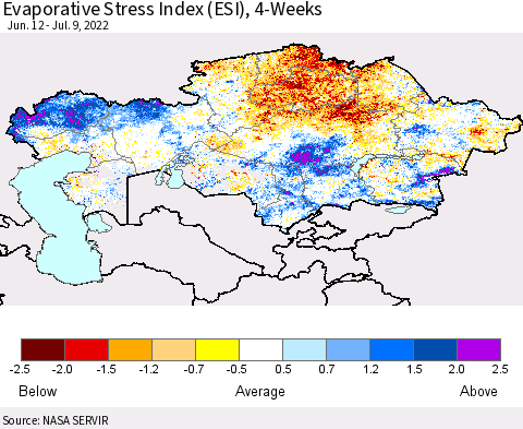 Kazakhstan Evaporative Stress Index (ESI), 4-Weeks Thematic Map For 7/4/2022 - 7/10/2022