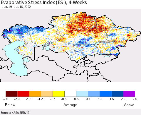Kazakhstan Evaporative Stress Index (ESI), 4-Weeks Thematic Map For 7/11/2022 - 7/17/2022