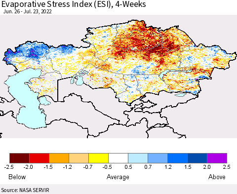 Kazakhstan Evaporative Stress Index (ESI), 4-Weeks Thematic Map For 7/18/2022 - 7/24/2022