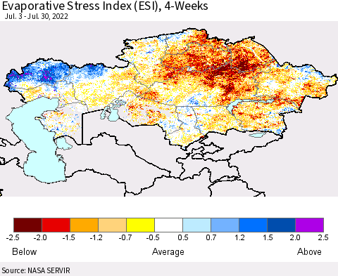 Kazakhstan Evaporative Stress Index (ESI), 4-Weeks Thematic Map For 7/25/2022 - 7/31/2022