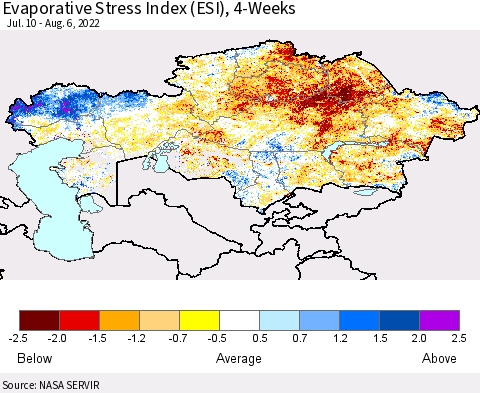 Kazakhstan Evaporative Stress Index (ESI), 4-Weeks Thematic Map For 8/1/2022 - 8/7/2022