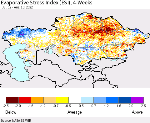 Kazakhstan Evaporative Stress Index (ESI), 4-Weeks Thematic Map For 8/8/2022 - 8/14/2022