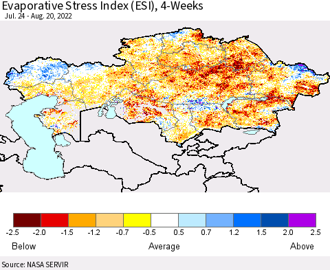 Kazakhstan Evaporative Stress Index (ESI), 4-Weeks Thematic Map For 8/15/2022 - 8/21/2022