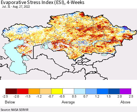 Kazakhstan Evaporative Stress Index (ESI), 4-Weeks Thematic Map For 8/22/2022 - 8/28/2022
