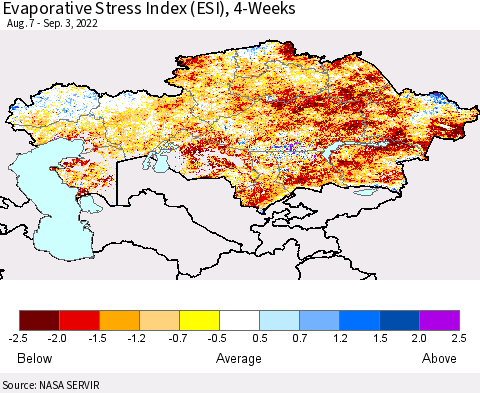 Kazakhstan Evaporative Stress Index (ESI), 4-Weeks Thematic Map For 8/29/2022 - 9/4/2022