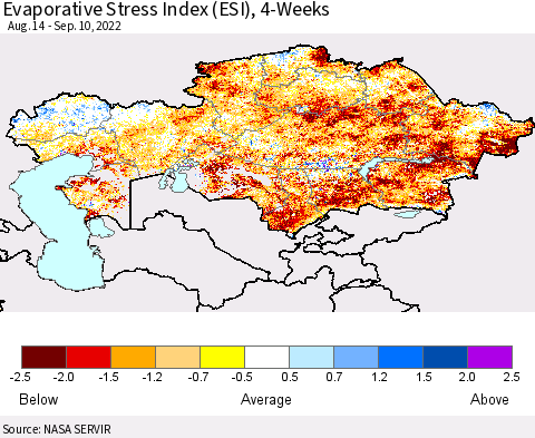 Kazakhstan Evaporative Stress Index (ESI), 4-Weeks Thematic Map For 9/5/2022 - 9/11/2022