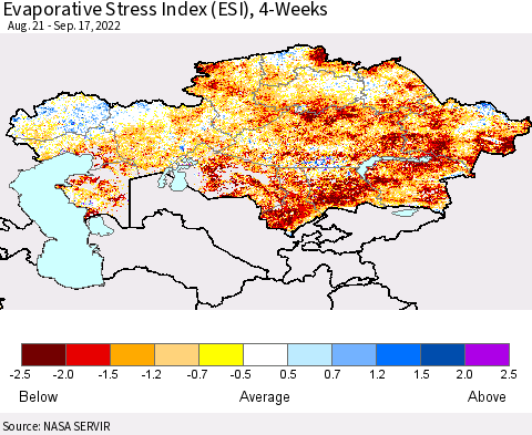 Kazakhstan Evaporative Stress Index (ESI), 4-Weeks Thematic Map For 9/12/2022 - 9/18/2022