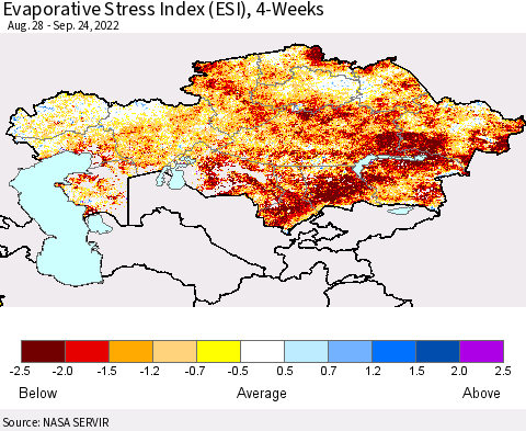 Kazakhstan Evaporative Stress Index (ESI), 4-Weeks Thematic Map For 9/19/2022 - 9/25/2022