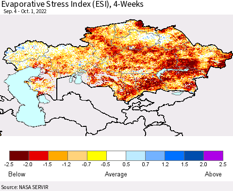 Kazakhstan Evaporative Stress Index (ESI), 4-Weeks Thematic Map For 9/26/2022 - 10/2/2022