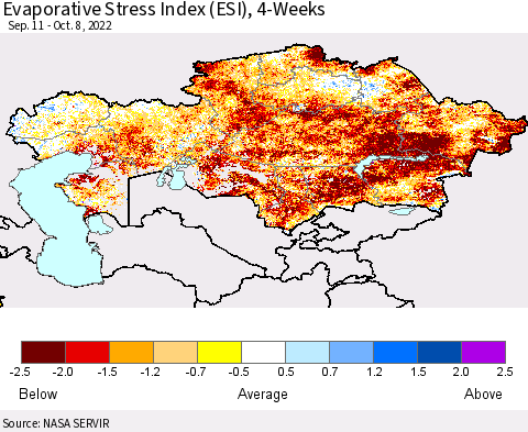 Kazakhstan Evaporative Stress Index (ESI), 4-Weeks Thematic Map For 10/3/2022 - 10/9/2022