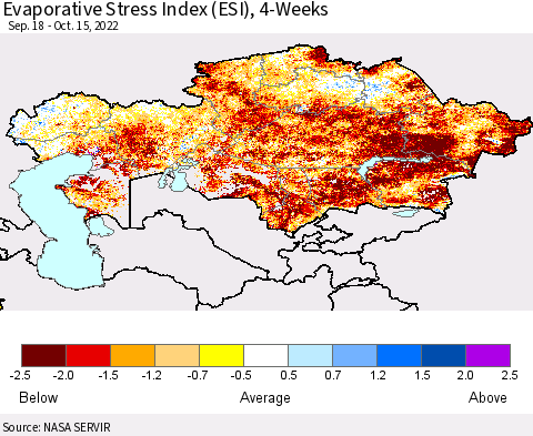 Kazakhstan Evaporative Stress Index (ESI), 4-Weeks Thematic Map For 10/10/2022 - 10/16/2022