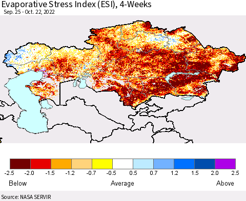 Kazakhstan Evaporative Stress Index (ESI), 4-Weeks Thematic Map For 10/17/2022 - 10/23/2022