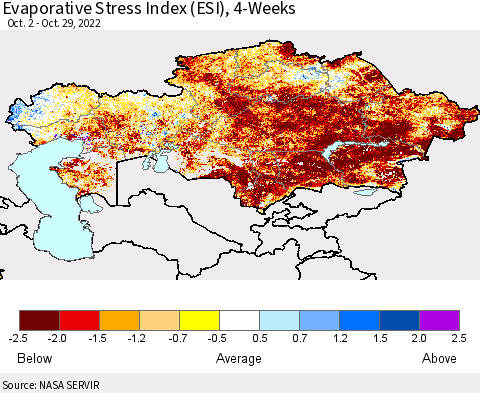 Kazakhstan Evaporative Stress Index (ESI), 4-Weeks Thematic Map For 10/24/2022 - 10/30/2022