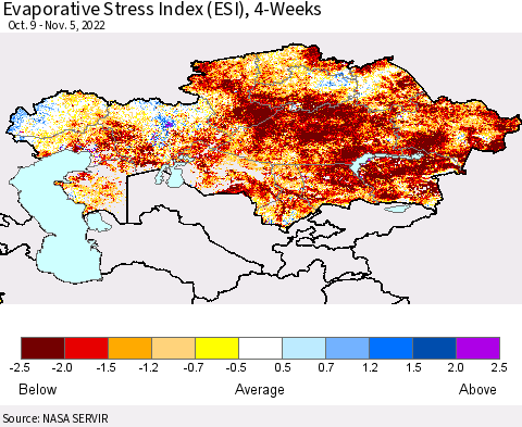 Kazakhstan Evaporative Stress Index (ESI), 4-Weeks Thematic Map For 10/31/2022 - 11/6/2022